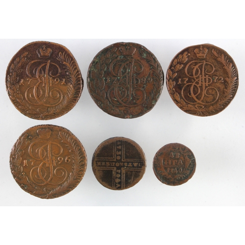 806 - Russia (6) 18thC copper: 5 Kopeks 1730 VG scratch; Denga 1740 Fine; 4x Catherine the Great large 5 K... 