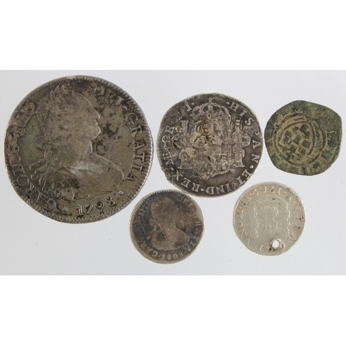 809 - Spain & Colonies (5) 16th(?) - 19thC, four silver, one copper, including 8 Reales 1798 Mo FM aVF, a ... 