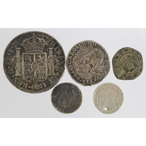 809 - Spain & Colonies (5) 16th(?) - 19thC, four silver, one copper, including 8 Reales 1798 Mo FM aVF, a ... 