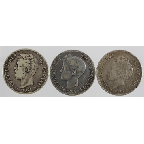 810 - Spain silver 5 Pesetas (3): 1871 *71* SD M GF, 1893 *?* PG L VF edge knocks, and 1896 PG V nVF.