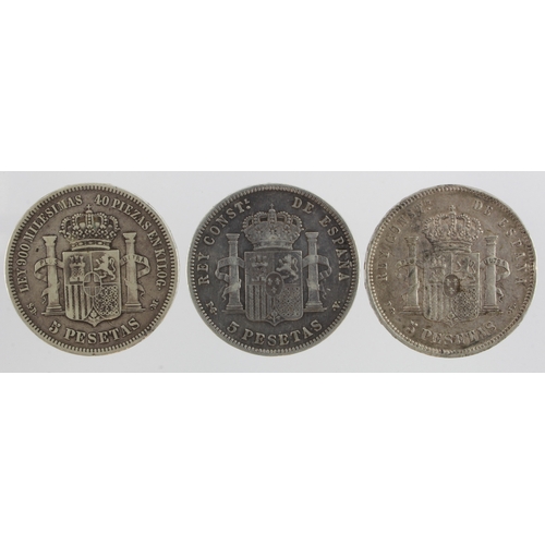 810 - Spain silver 5 Pesetas (3): 1871 *71* SD M GF, 1893 *?* PG L VF edge knocks, and 1896 PG V nVF.