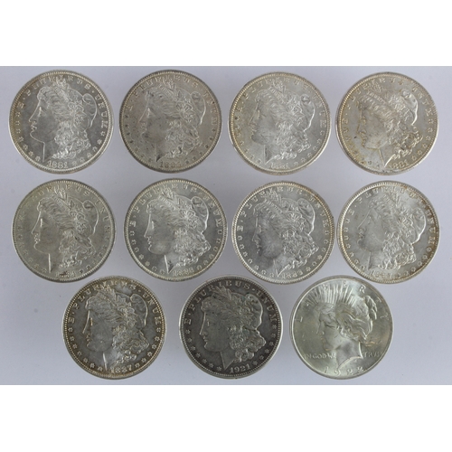 823 - USA Silver Dollars (11) ten Morgan, one Peace, 1881 to 1922, common dates/mintmarks but high grade, ... 