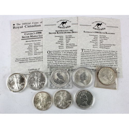 844 - World Silver Ounces (8): Australia: Kookaburra 1997, Kangaroo 1998; Canada Maple Leaf 1998; USA Eagl... 