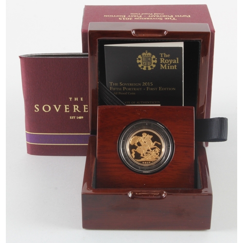 88 - Sovereign 2015 Proof, Fifth Portrait - First Edition, aFDC cased with certs, box and sleeve.