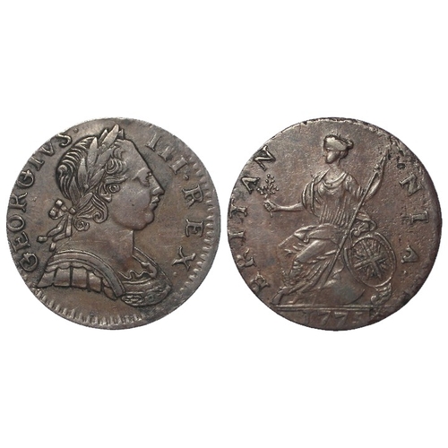 926 - Contemporary Forgery George III Halfpenny 1775 in unusually high grade, GVF, slightly off-centre.