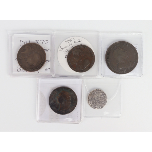 928 - Copper tokens, coins etc (5): John Wilkinson Iron Master 1/2d 1787 DH 372-374 (variant?) VG scratch;... 