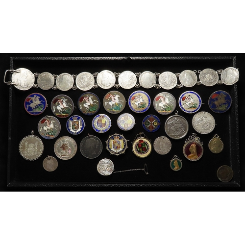 934 - Enamelled Coins & Coin Jewellery, a collection in a tray, noted - a large chain of 18thC Maltese sil... 