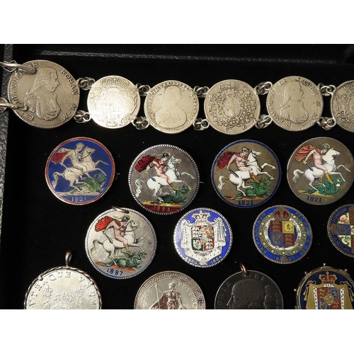 934 - Enamelled Coins & Coin Jewellery, a collection in a tray, noted - a large chain of 18thC Maltese sil... 