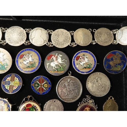 934 - Enamelled Coins & Coin Jewellery, a collection in a tray, noted - a large chain of 18thC Maltese sil... 