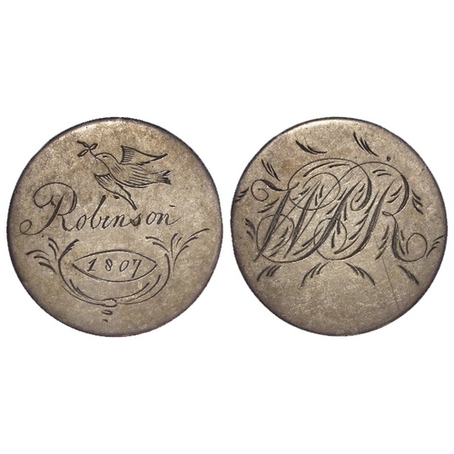 935 - Engraved Coin 'love token' silver flan (shilling) 'Robinson 1807' dove flying above. / 'WIR'.