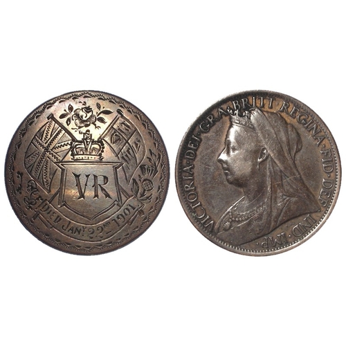 936 - Engraved Coin: Queen Victoria veiled hd. penny with reverse smoothed and finely engraved with a coat... 