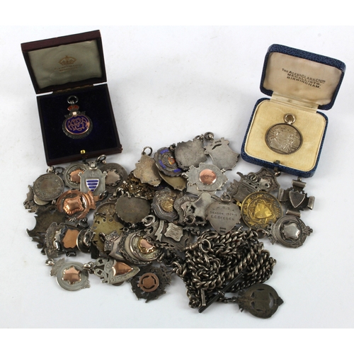 944 - Fobs etc (44 plus two watch chains) approx. 490g hallmarked sterling, 16g 'silver marked', and 14g u... 