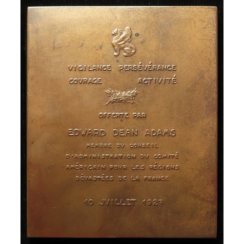 945 - French / American post-WWI commemorative or presentation medallic plaque, bronze 73x90mm: Anne Morga... 