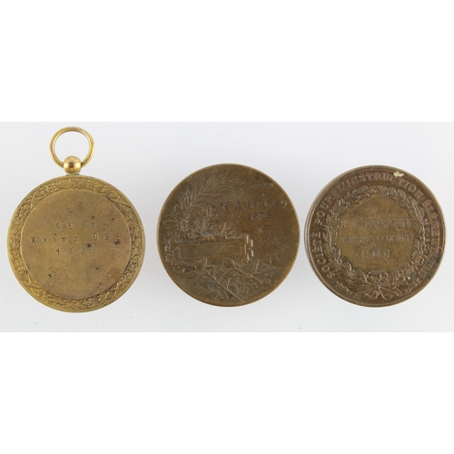 949 - French prize medals (3) early 20thC, military and education related, bronze, one gilt.