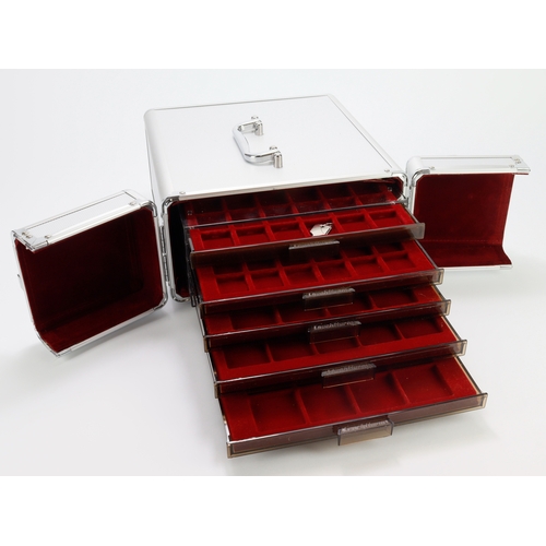 967 - Leuchtturm aluminium carry case containing five sliding trays of varying spaces, lockable (with keys... 