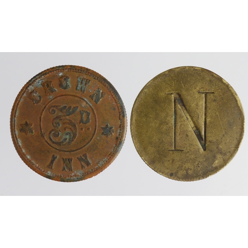 982 - Pub or Market Checks (2) bronze/brass d.26.5mm: Robert Duff, Crown Inn 3d nVF, and E.J. Neale 6d, Br... 