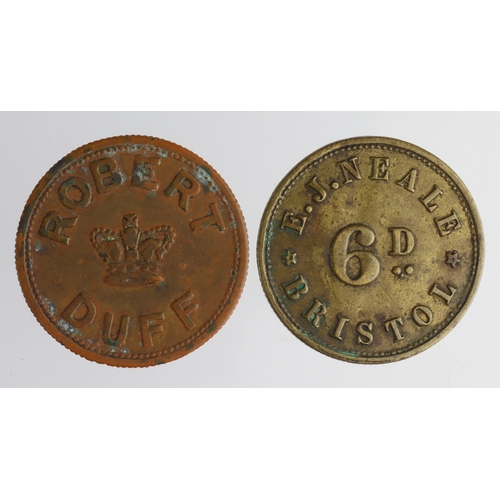 982 - Pub or Market Checks (2) bronze/brass d.26.5mm: Robert Duff, Crown Inn 3d nVF, and E.J. Neale 6d, Br... 