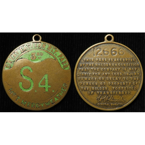 985 - Railway -  Great Eastern Railway Director's (prob.) brass and enamel Third Class Pass S.4 No. 12666 ... 