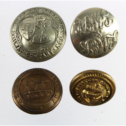 987 - Railway - Four rare buttons comprising a North London Railway large brass button, a City and South L... 