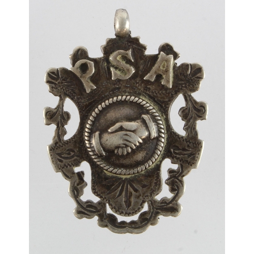 998 - Silver Fob 41x30mm, 9.17g: PSA, clasped hands. Hallmarked Birmingham 1907.