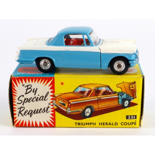 140 - Corgi Toys, no. 231 'Triumph Herald Coupe' (blue / white), contained in original box