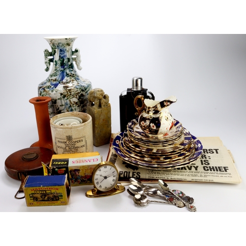 447 - Miscellanea. A box containing various items, including Great War china, Chinese seal, silks, jewelle... 