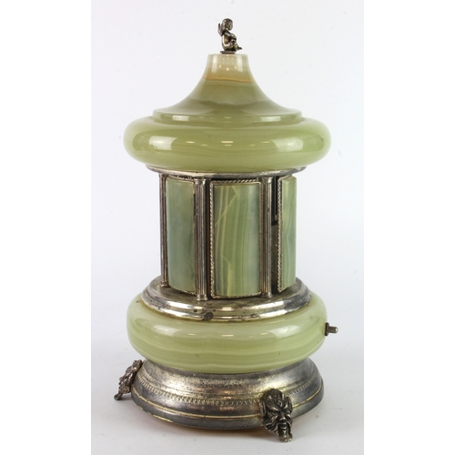 458 - Reuge green onyx musical carousel cigar or cigarette dispenser of cylindrical form, domed top with c... 