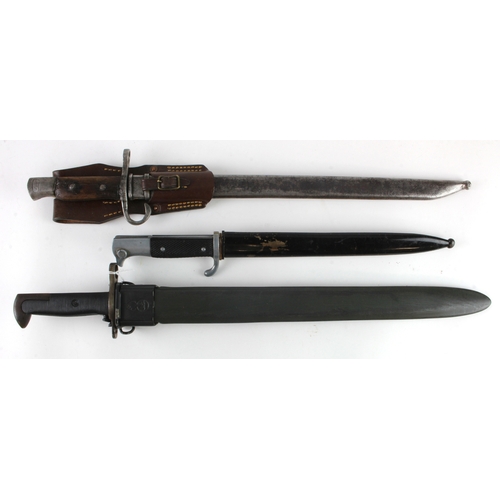 104 - Long Garand Bayonet 1942 (museum replica), Japanese style Arisaka bayonet with leather frog probably... 