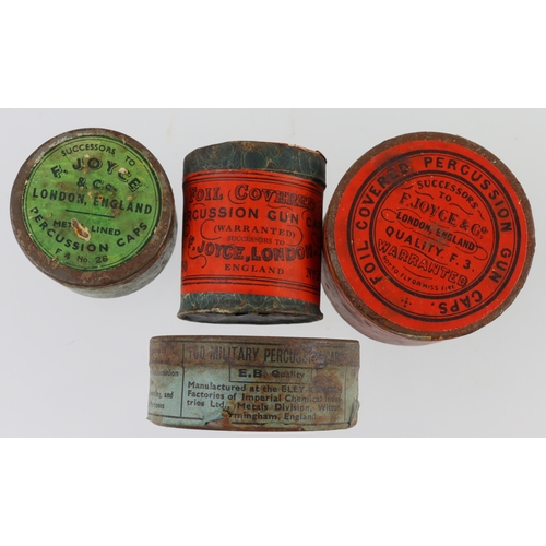 117 - Percussion Cap Tins, group of 4 better tins, being 1) circa 1910, sealed Joyce ‘red label’ 250 No.26... 