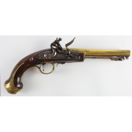 122 - Pistol, a fine flintlock Officers Sea Service pistol of the Napoleonic Wars era. Brass barrel, part ... 