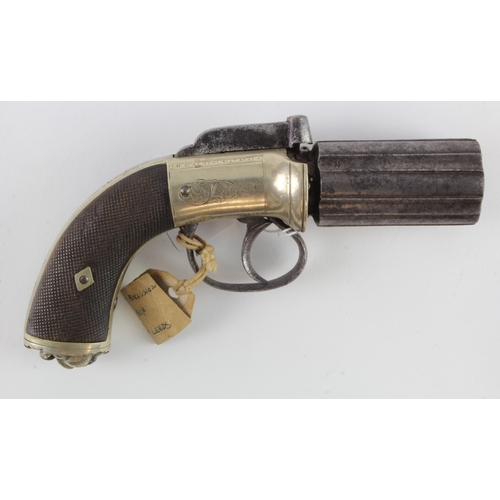 123 - Pistol, a good 6 barrelled Pepperbox Revolver of .350 calibre, silver plated action and grip strap. ... 