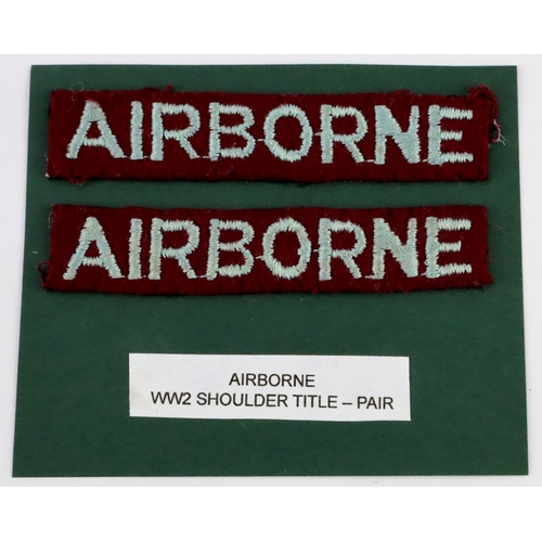 191 - AIRBORNE WW2 embroidered felt shoulder title badge pair in excellent worn condition. (2)