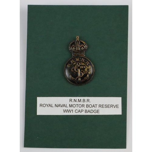 398 - R.N.M.B.R. – ROYAL NAVAL MOTOR BOAT RESERVE WW1 Blackened Brass Cap   badge in excellent worn condit... 