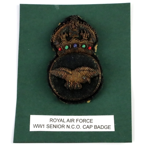 418 - ROYAL AIR FORCE SENIOR N.C.O. WW1 Bullion embroidered padded Cap Badge in excellent worn condition.