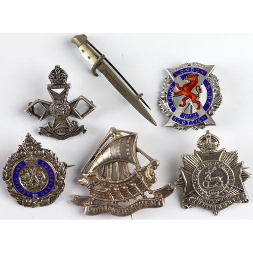 456 - Sweetheart badges (six) comprising two hallmarked (1912 (prob.) and 1914 (Queen Victoria Rifles & Be... 