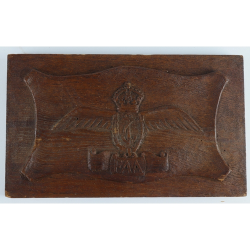 458 - Trench Art - hand carved wooden plaque 'FAA' (Fleet Air Arm) inscribed to the reverse 'FAA S/Lt R E ... 