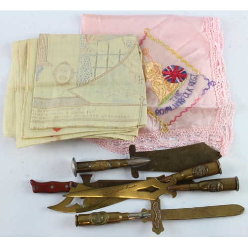 485 - WW1 collection of five trench art bullet paper knives with two silk embroideries.