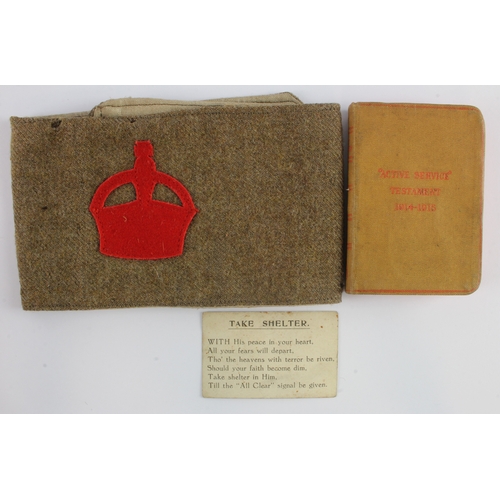 487 - WW1 Denby arm band issued to new recruits with 1914-18 pocket bible etc.