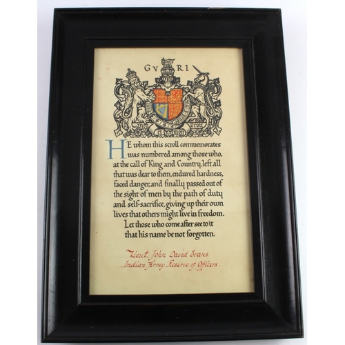 492 - WW1 framed casualty scroll to Lieut John David Evans Indian Army of Reserve Officers.