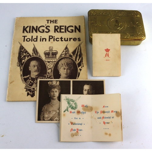 503 - WW1 Princess Mary gift tin with 1915 card and one cigarette with GRV and Mary 1914 Christmas card wi... 