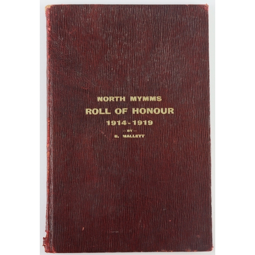 506 - WW1 Roll of Honour book for North Mymms 1914-1919 presented to William James Dealhoy written by B Ma... 