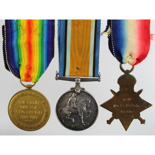 541 - 1914 Star Trio (16126 Pte W C Cattell RAMC) ent to Clasp & Rosette. With research, born Peterborough... 