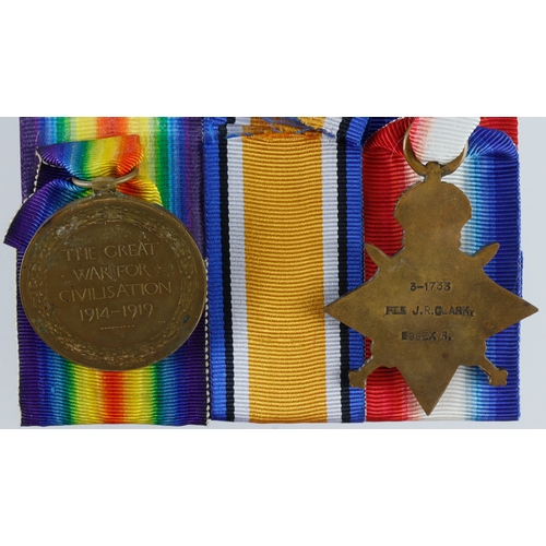 547 - 1915 Star & Victory Medal (3-1733 Pte J R Clark Essex R) served 2nd Bn  (2)  (see other family casua... 