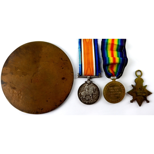 549 - 1915 Star & Victory Medal (with an erased BWM for display only) + Death plaque for 1168 Pte Leslie W... 