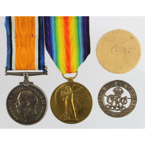 597 - BWM & Victory Medal (17561 Pte R Campbell R.Lan.R) and Silver War Badge 172477, badge with box of is... 