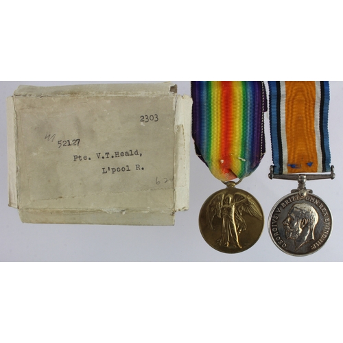 624 - BWM & Victory Medal (52127 Pte V T Heald Liverpool Regt) with research, served 19th / 4th / 2/6th Bn... 