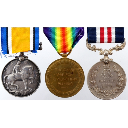 723 - Military Medal, BWM & Victory Medal for 20874 Sjt F W Button 18 Bn Lancs Fus. MM L/G 17/6/1919, one ... 