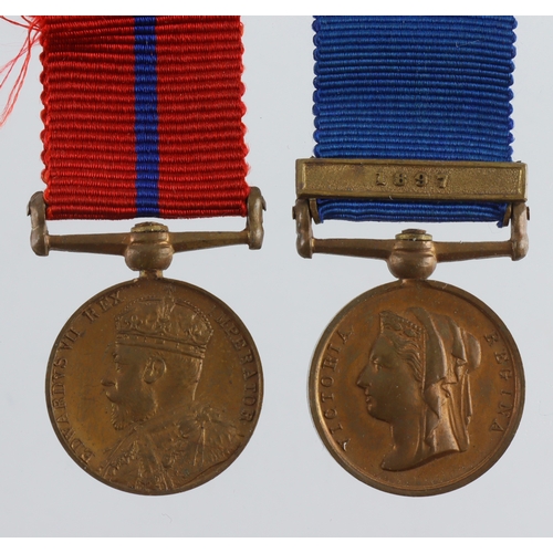 735 - Miniatures Police Victoria Jubilee medals 1887 bar 1897, 1902 both mounted.