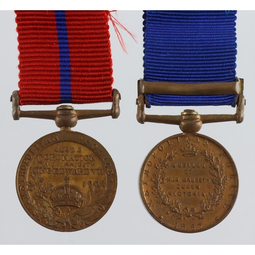 735 - Miniatures Police Victoria Jubilee medals 1887 bar 1897, 1902 both mounted.