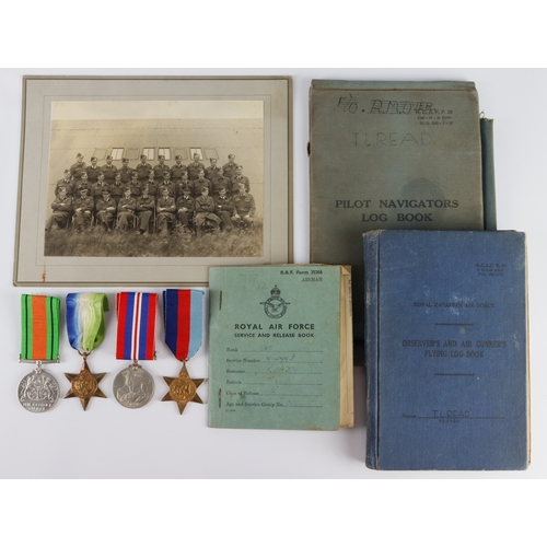 762 - RAF WW2 log book with service and release book,  1939-45 star, Atlantic star, Defence and War medals... 